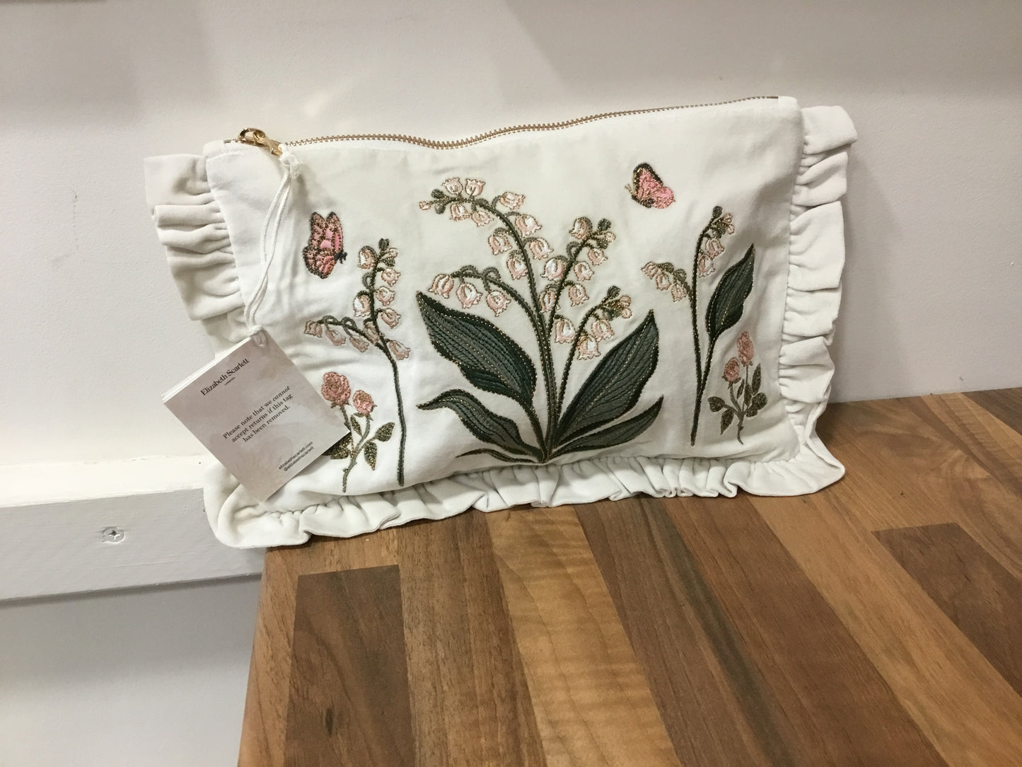 Elizabeth Scarlett. Lily of the valley frilled pouch. Cream.