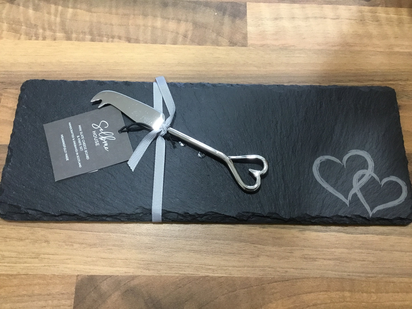 Mini slate chopping board with knife. Heart design