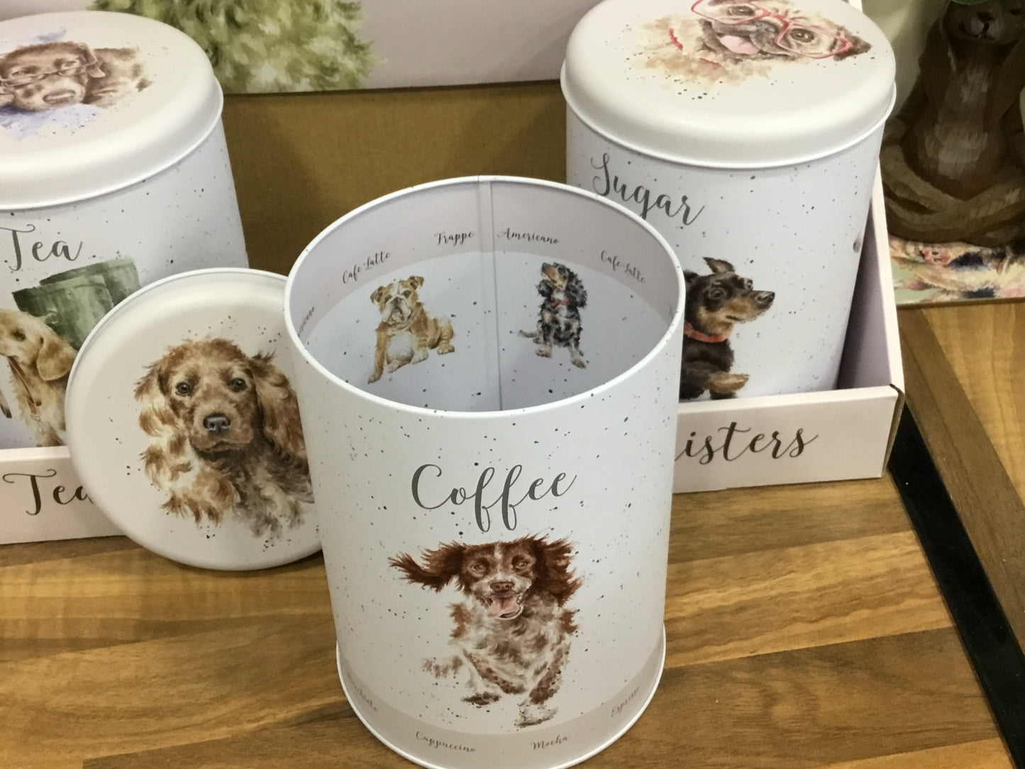 Dog tea, coffee and sugar canisters