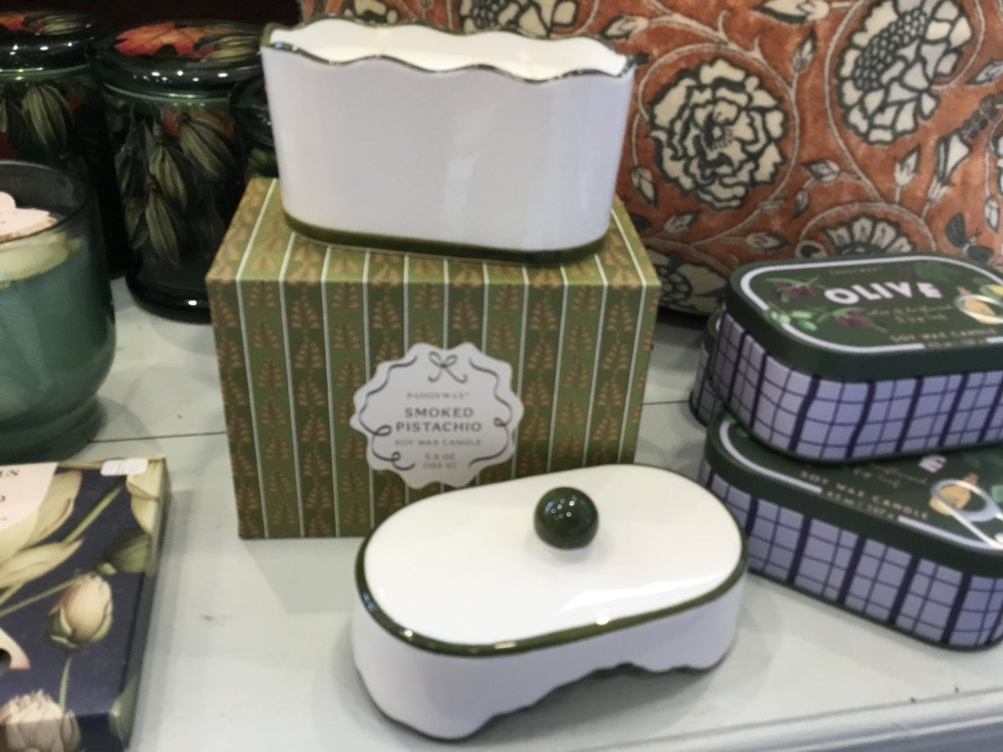 Smoked Pistachio Candle in a ceramic dish