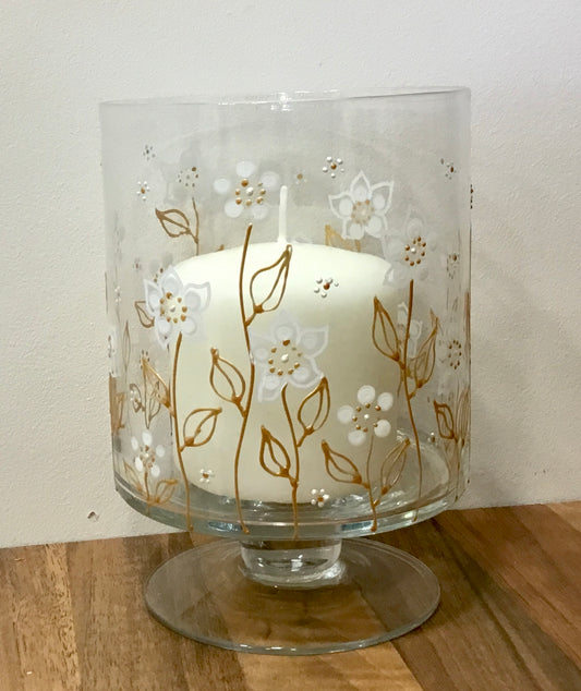 Hand painted glass lantern and candle