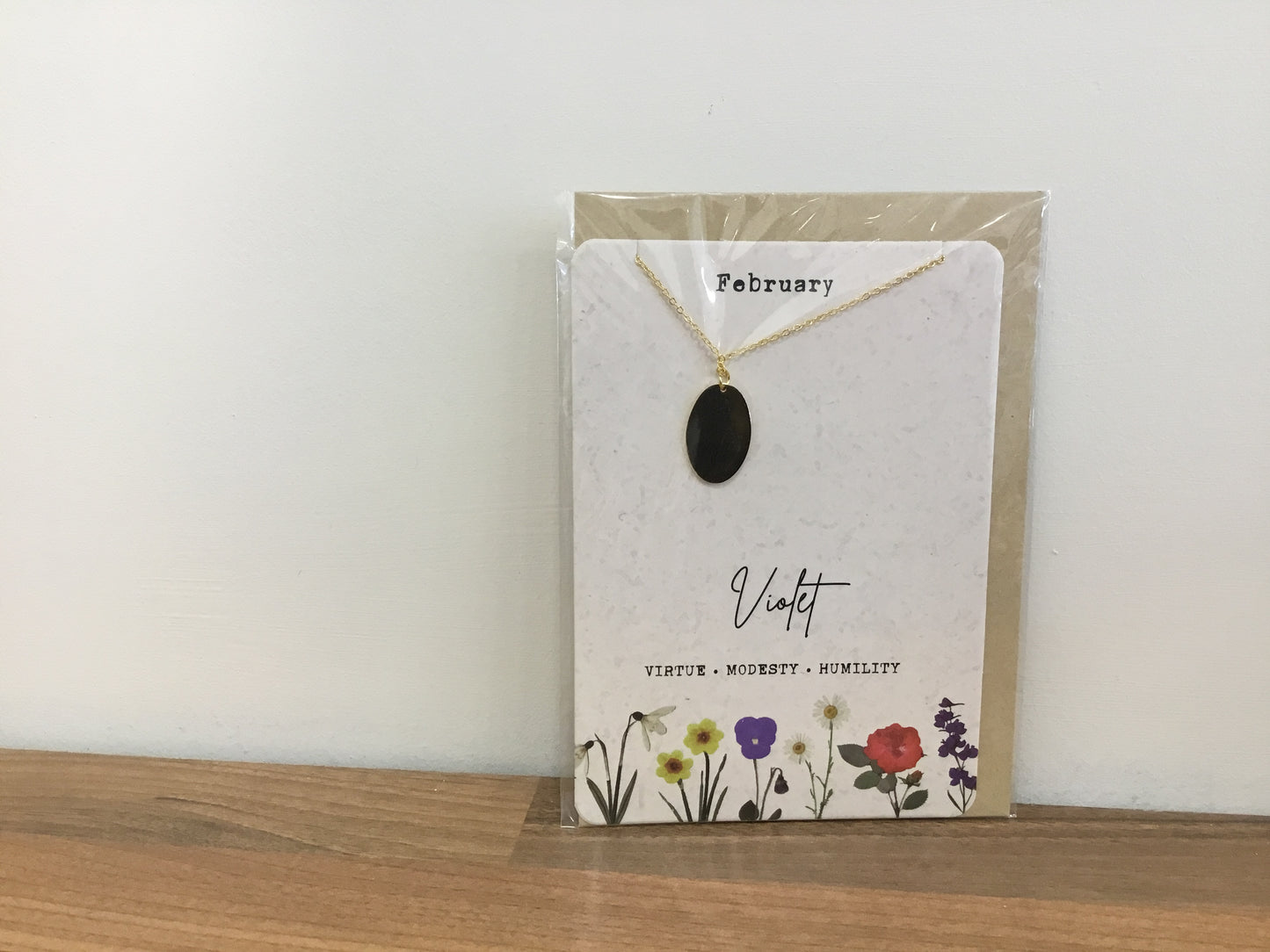 February birth flower necklace and card