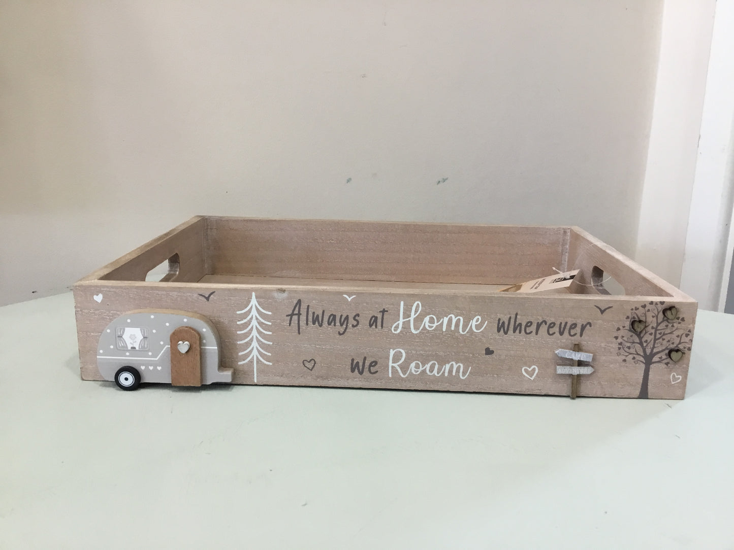Wooden caravan tray with motto