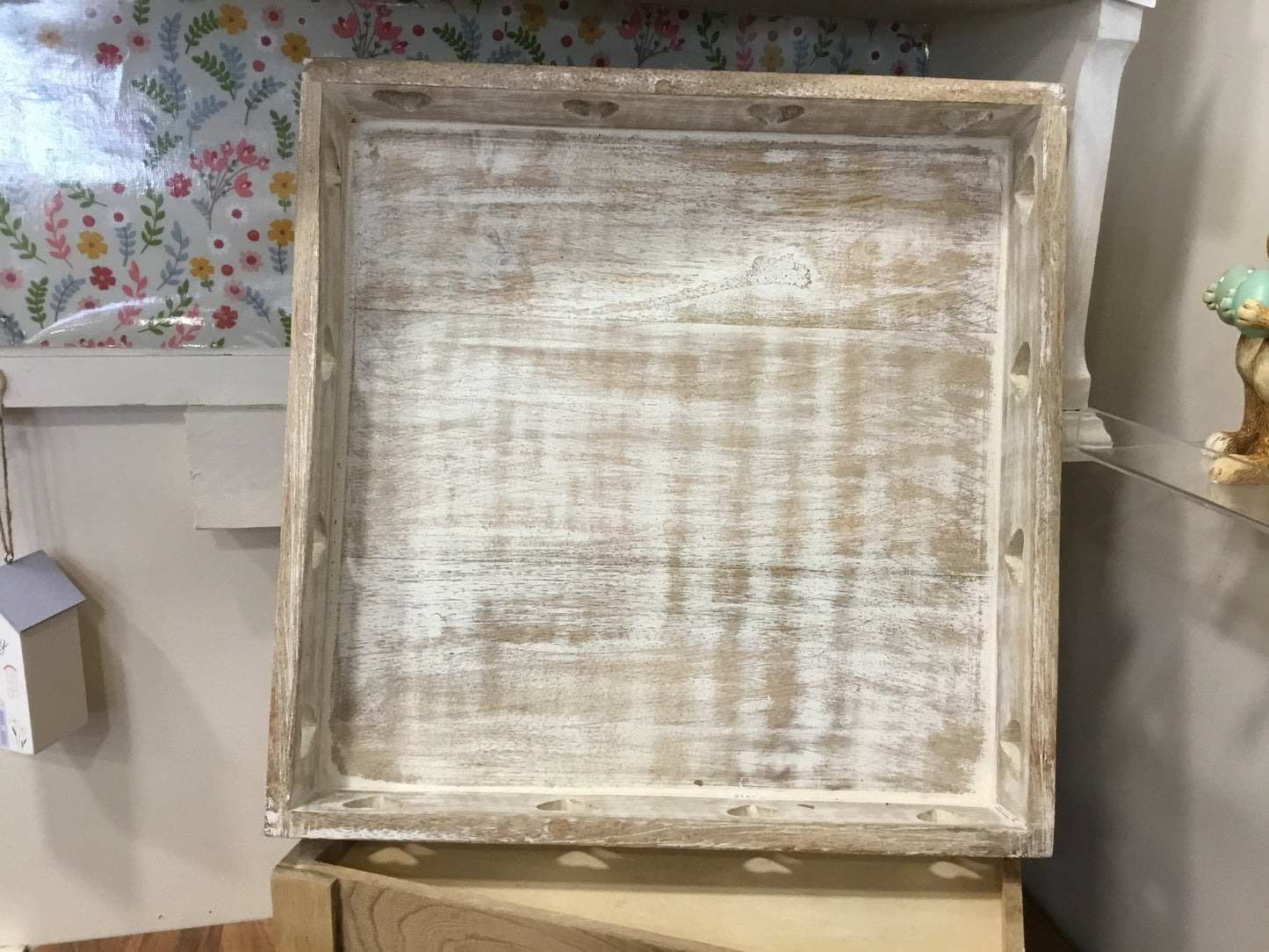 Whitewashed wooden large heart tray