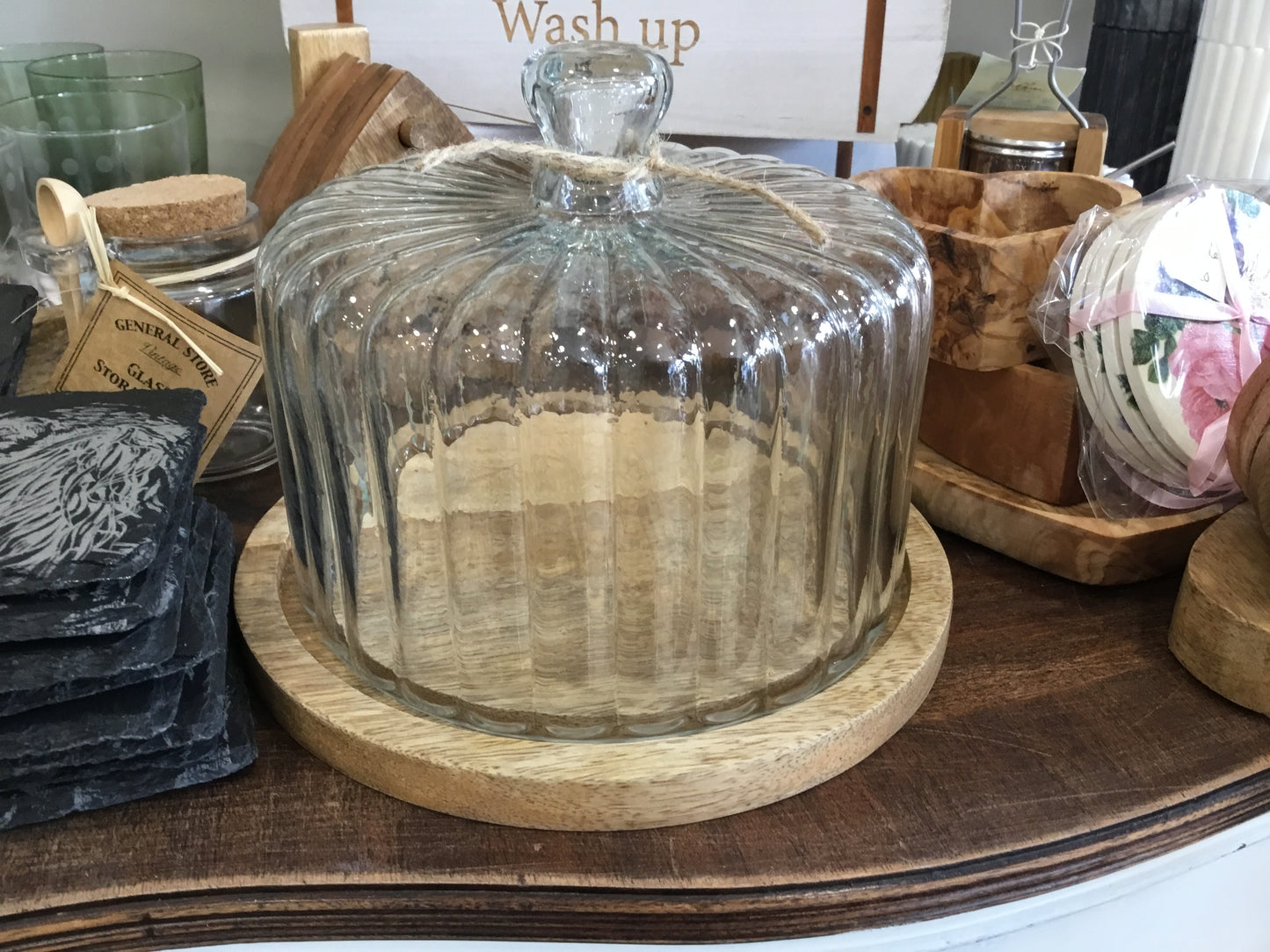 Mango wood glass ribbed cloche