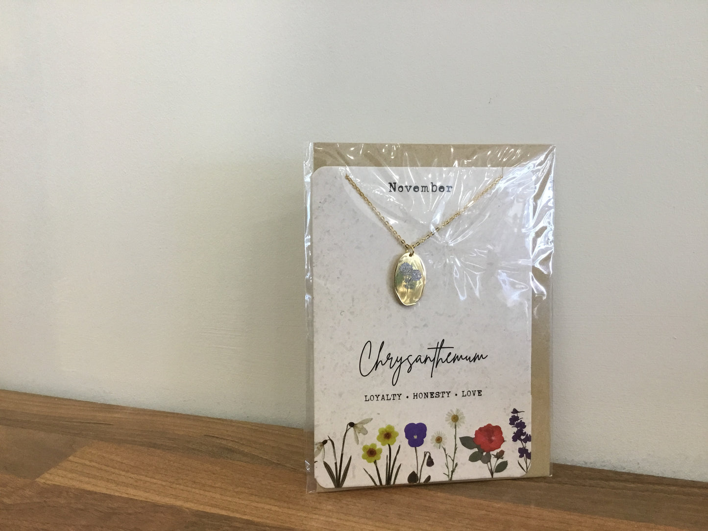 November birth flower necklace and card