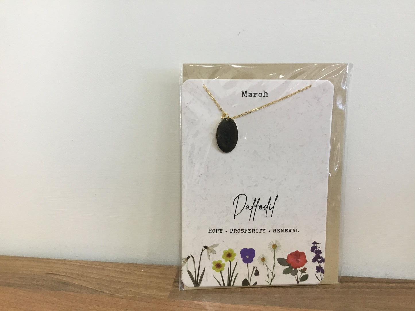 March birth flower necklace and card