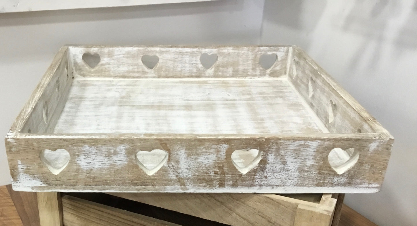 Whitewashed wooden large heart tray
