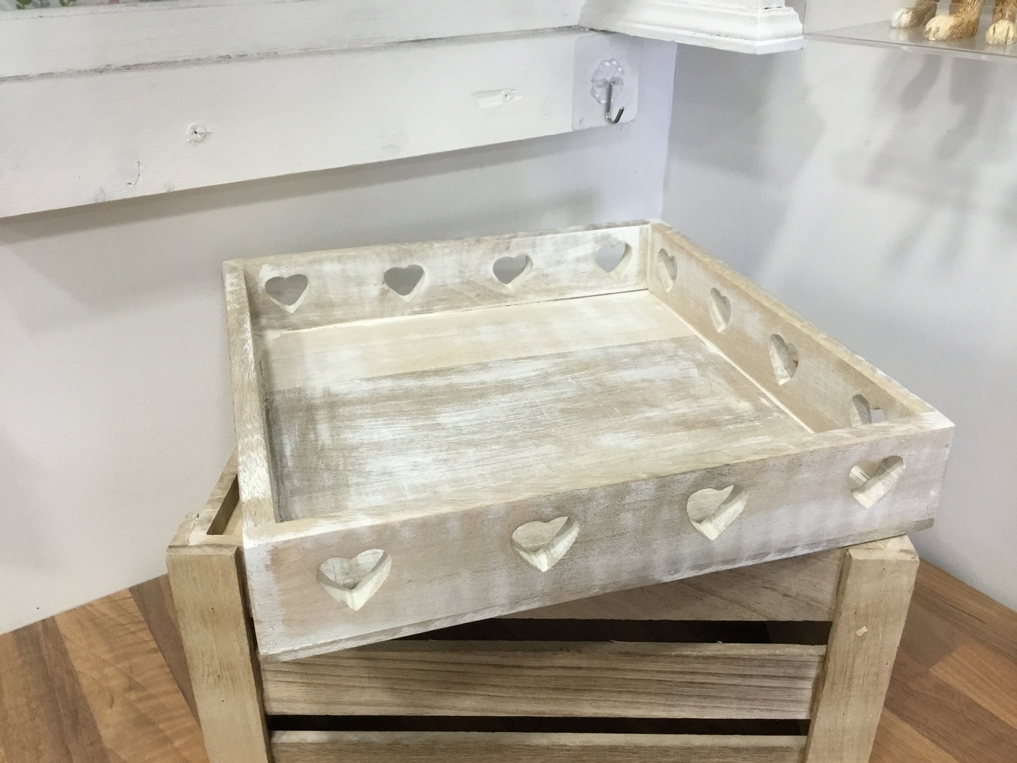 Whitewashed wooden heart design tray