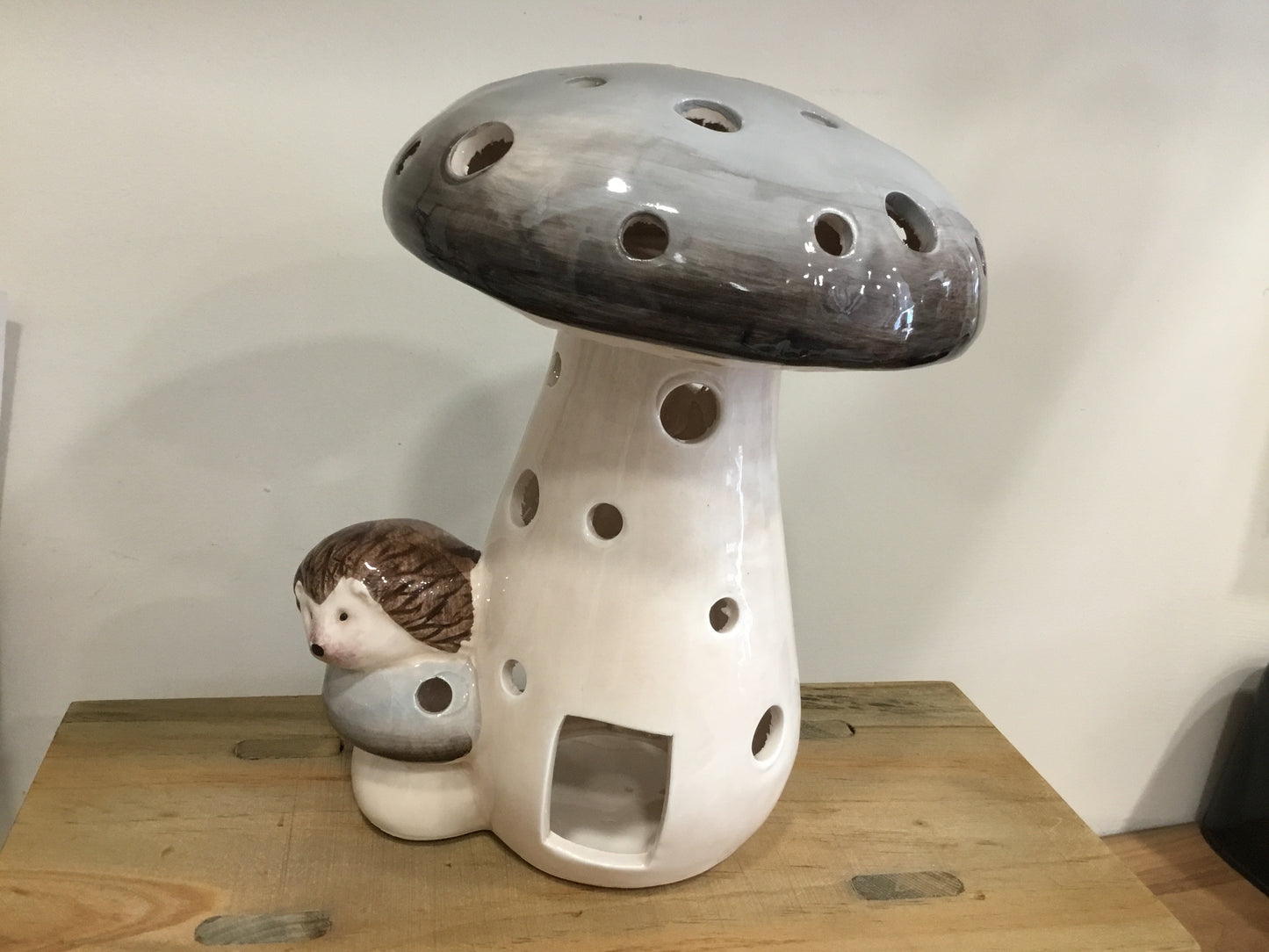 Ceramic mushroom with hedgehog tea light