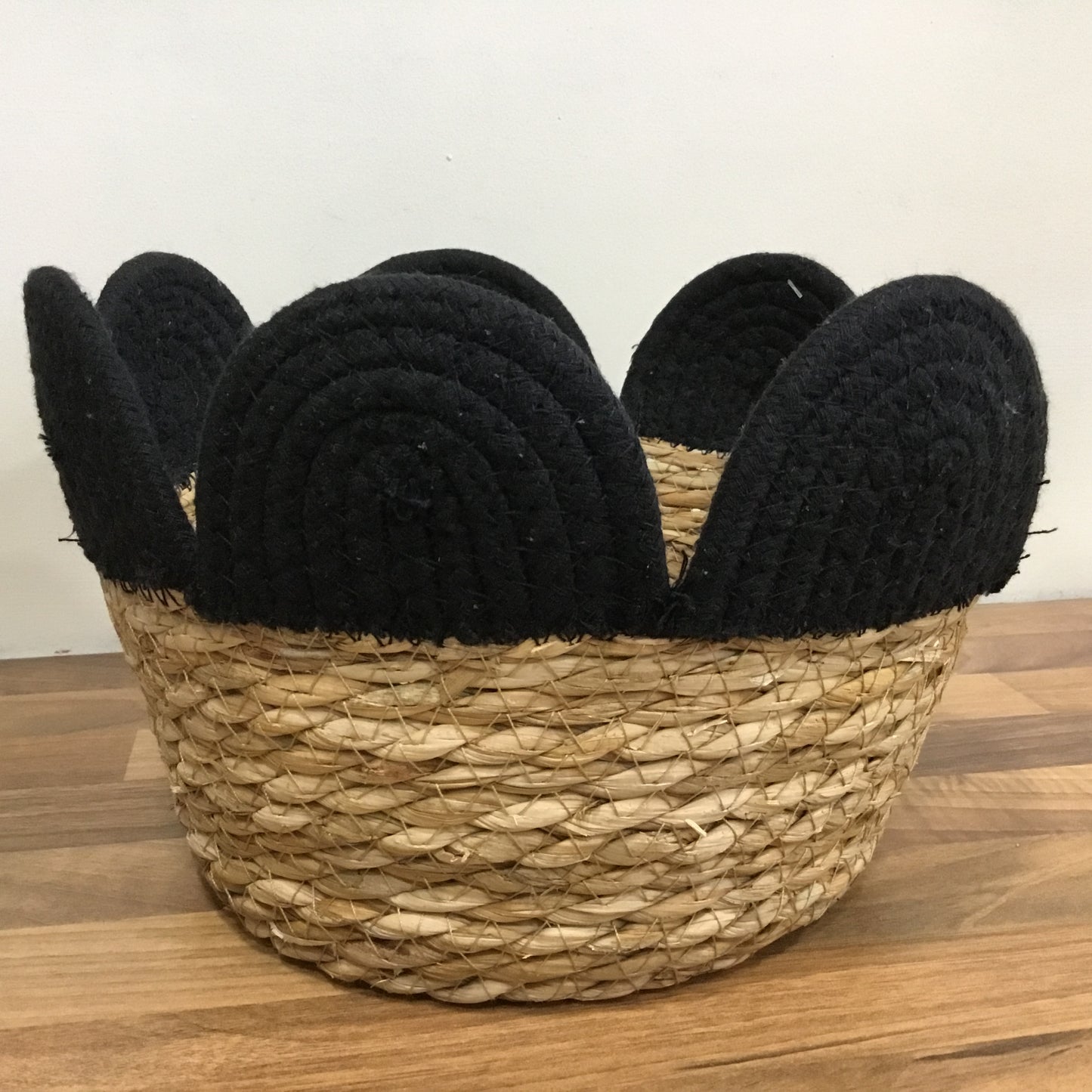 Rattan and black scalloped basket - small