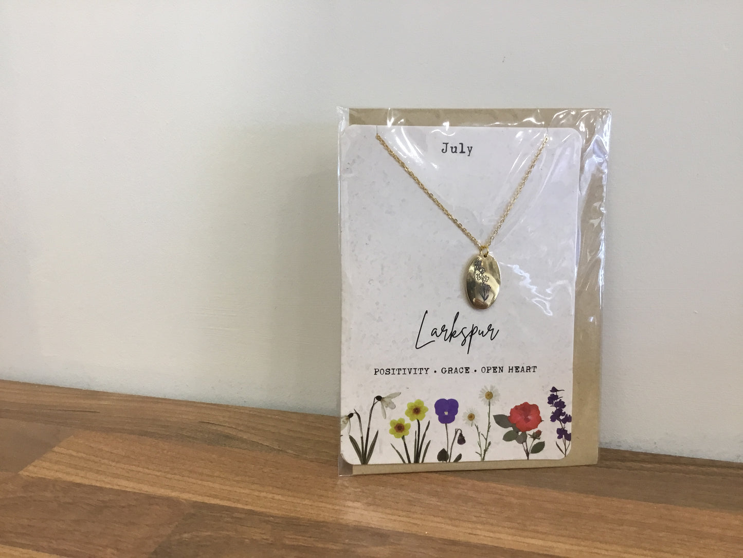 July birth flower necklace and card