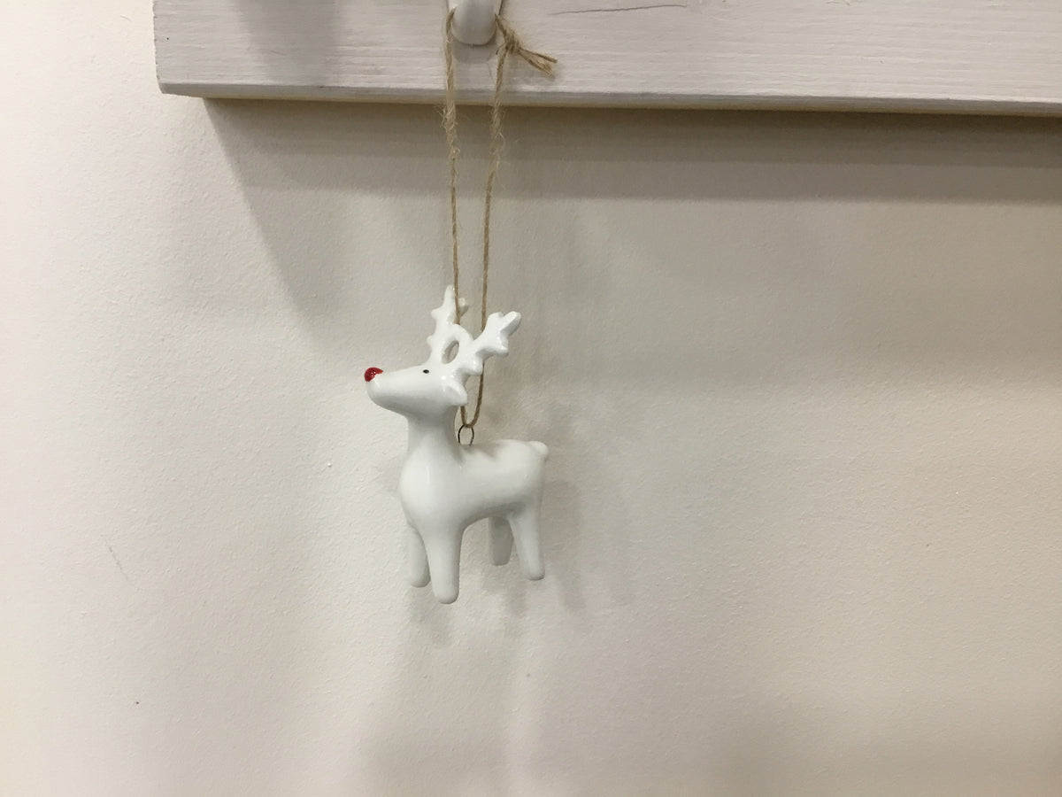 White reindeer with red nose. 8cm. Hanging or standing available