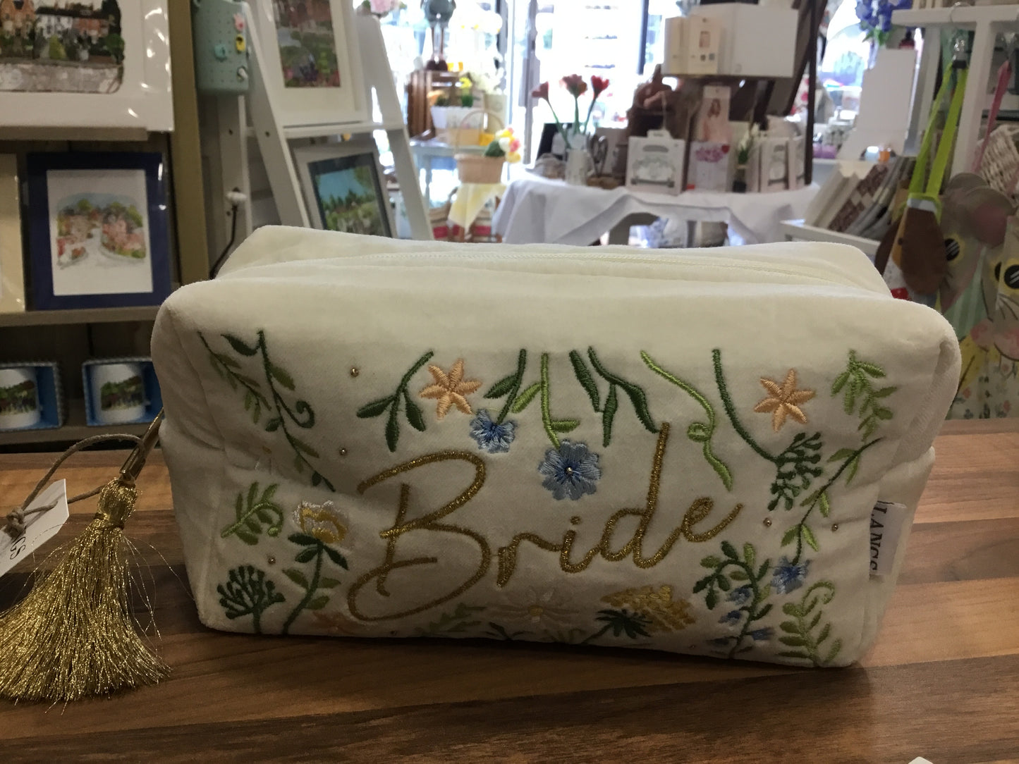 Cream floral velvet Bride Makeup bag