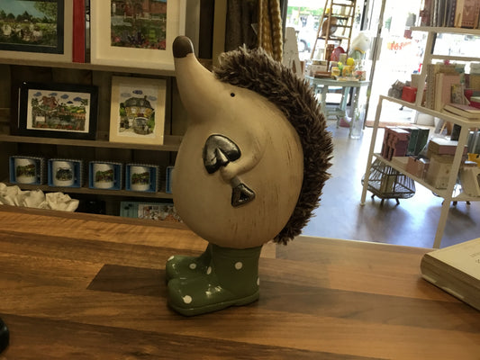 Ceramic hedgehog in green welly boots