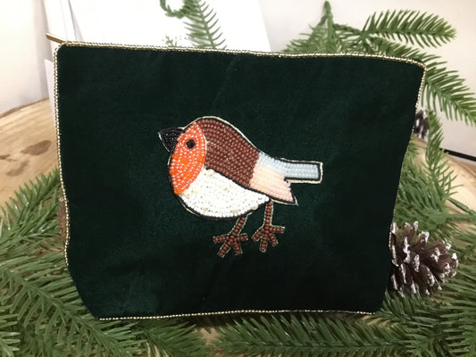 Velvet green pouch with robin - medium