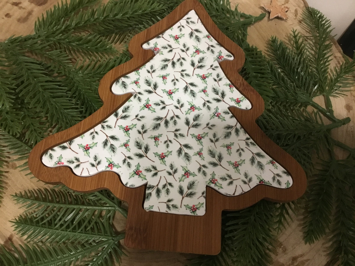Ceramic and wood tree serving plate