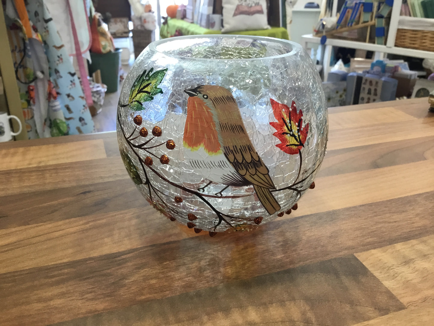 Glass autumn robin candle holder