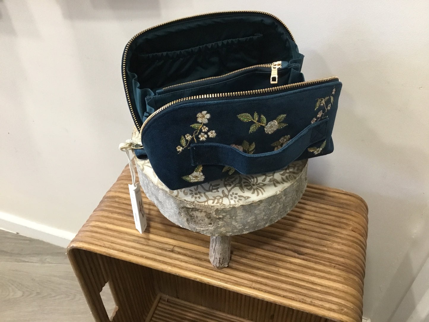 Open flat velvet make up bag. Wild rose. Ink blue