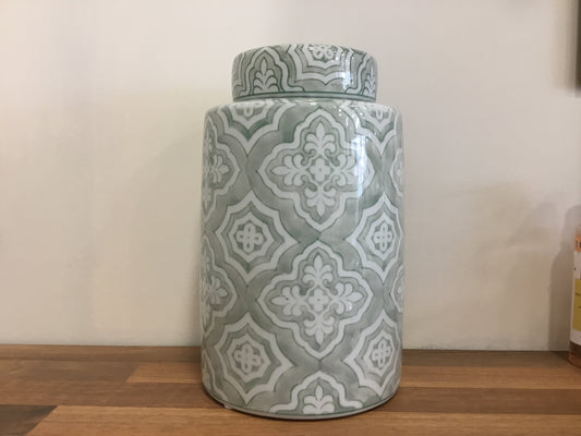 Large green and white ginger jar