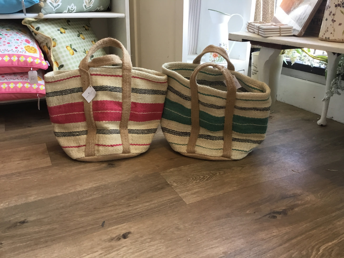 Jute bag. Green stripe. Pink stripe