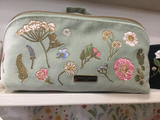 Pressed Flowers Velvet Open Flat Make-up Bag in Sage by Elizabeth Scarlett