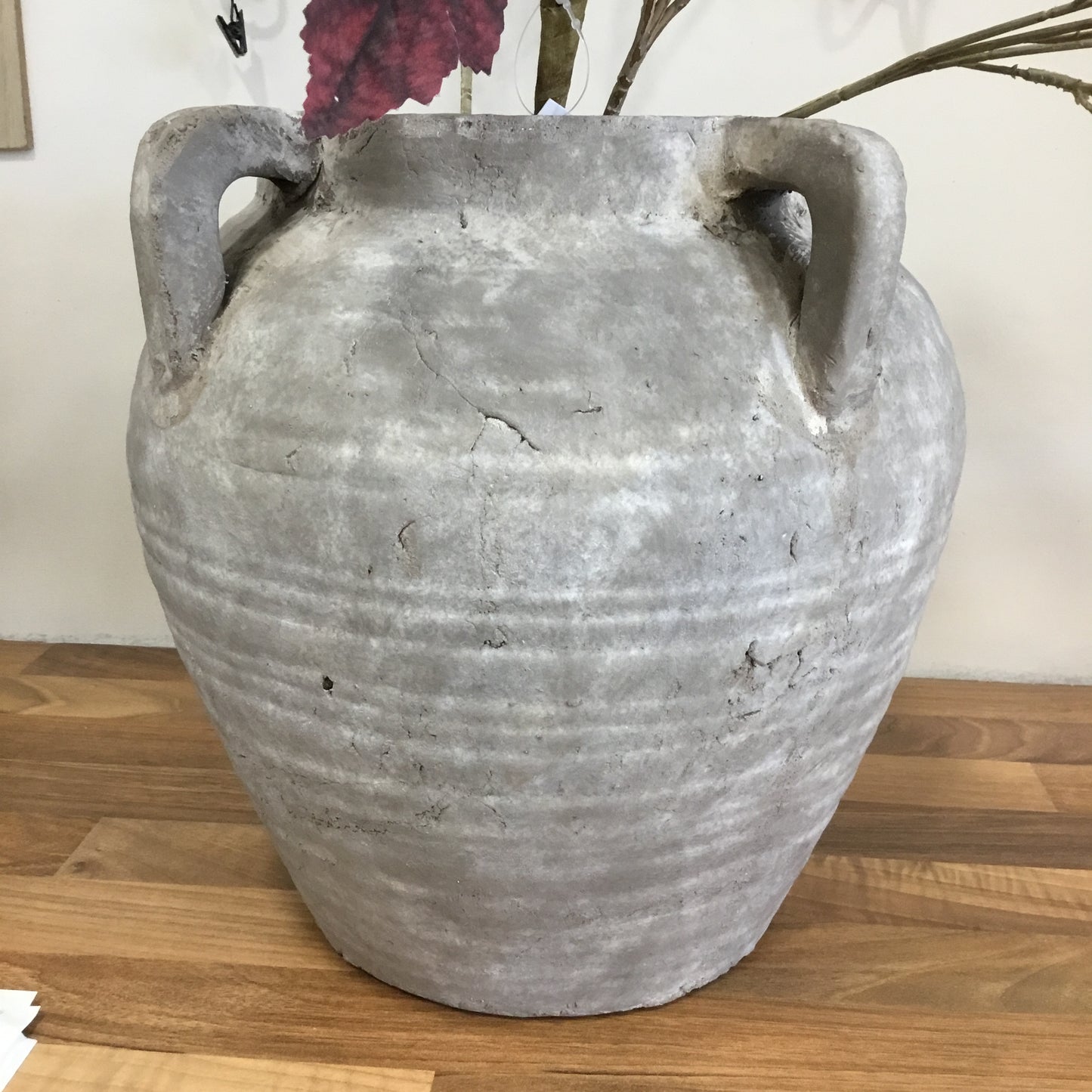 Rustic grey, handled stone pot vase