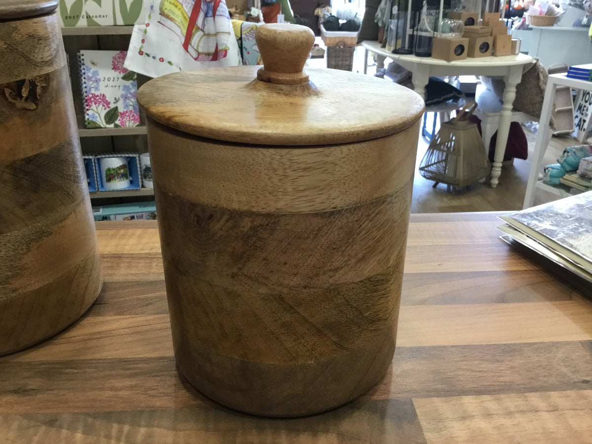 Small wooden storage jar with lid
