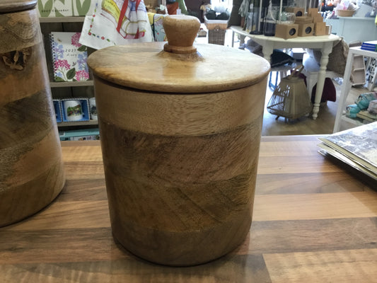 Small wooden storage jar with lid