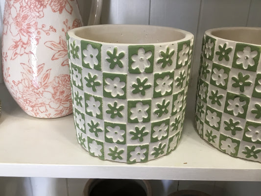 Green and white chequered plant pot
