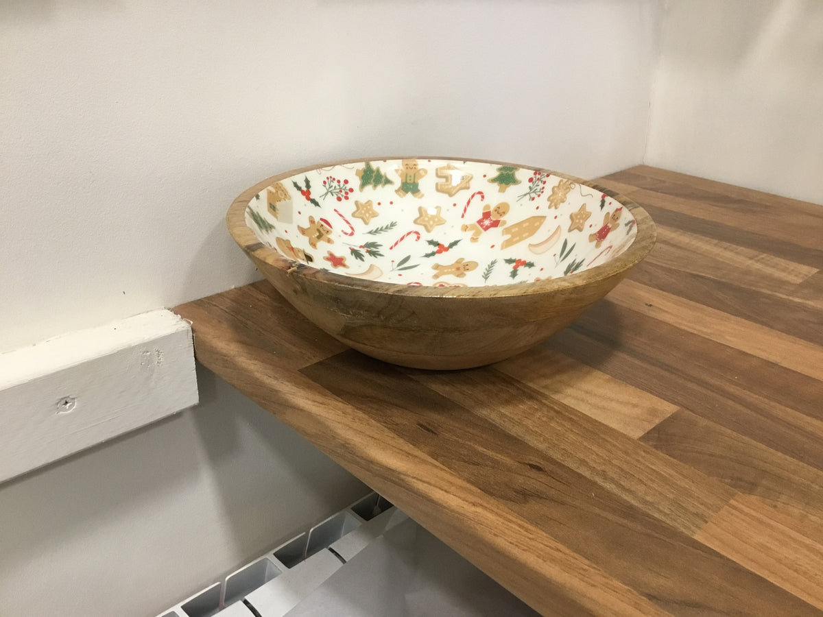 Gingerbread wood and enamel bowl. 25cm.