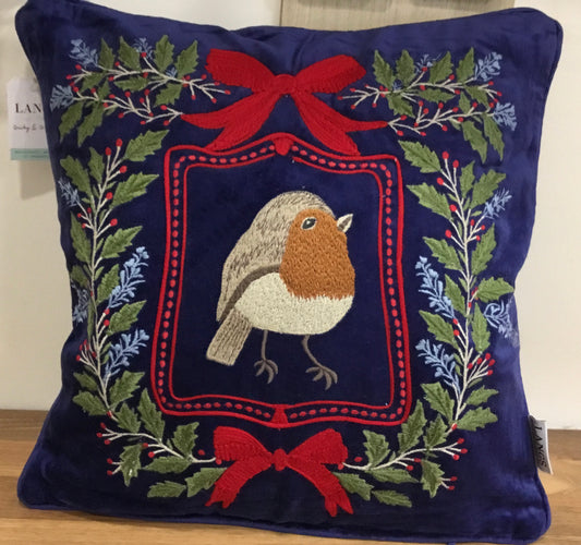 Blue Christmas Robin Embroidered cushion