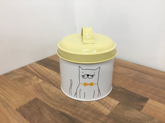 Yellow enamel cat treat canister