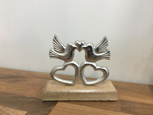 Metal love birds on wooden stand