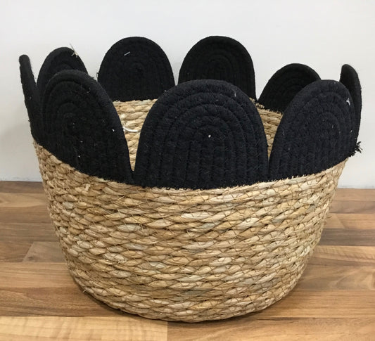 Rattan and black scalloped basket large