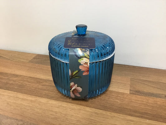 Blue glass candle jar with lid - Garden Blooms