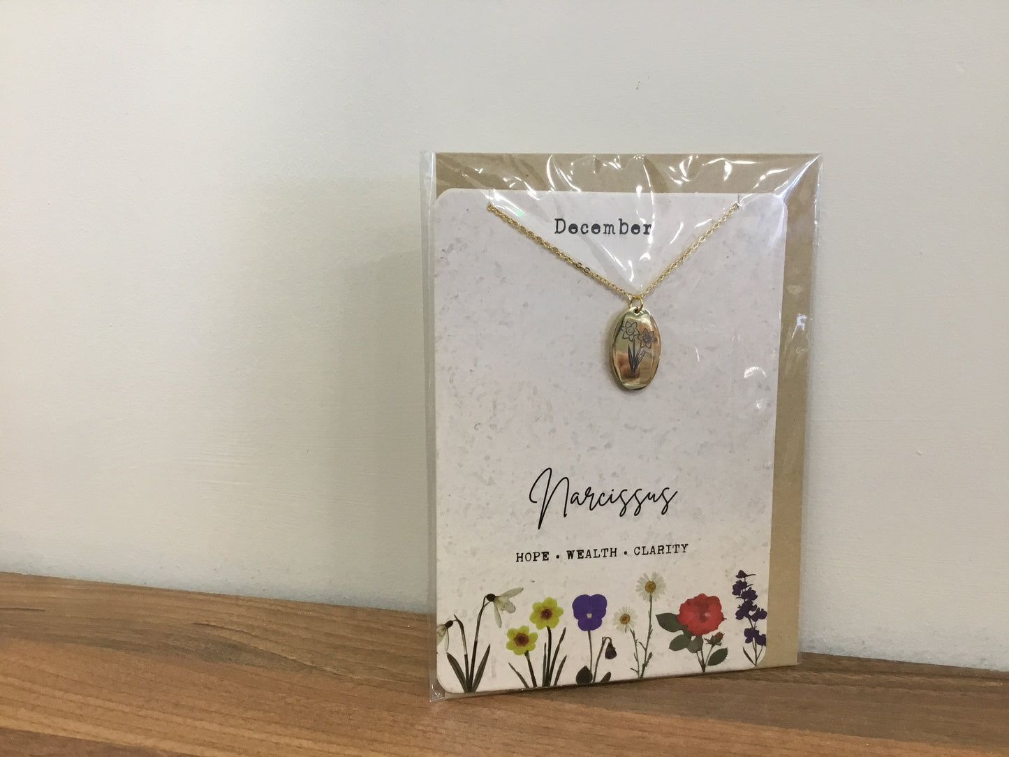 December birth flower necklace and card