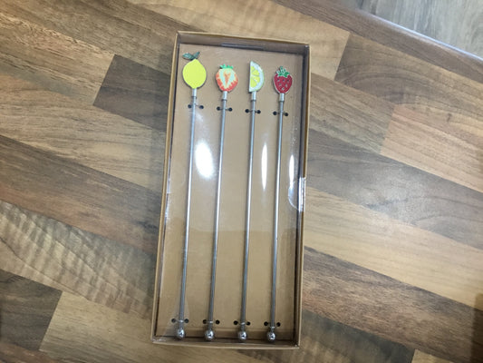 Set of 4 metal fruit drink stirrers