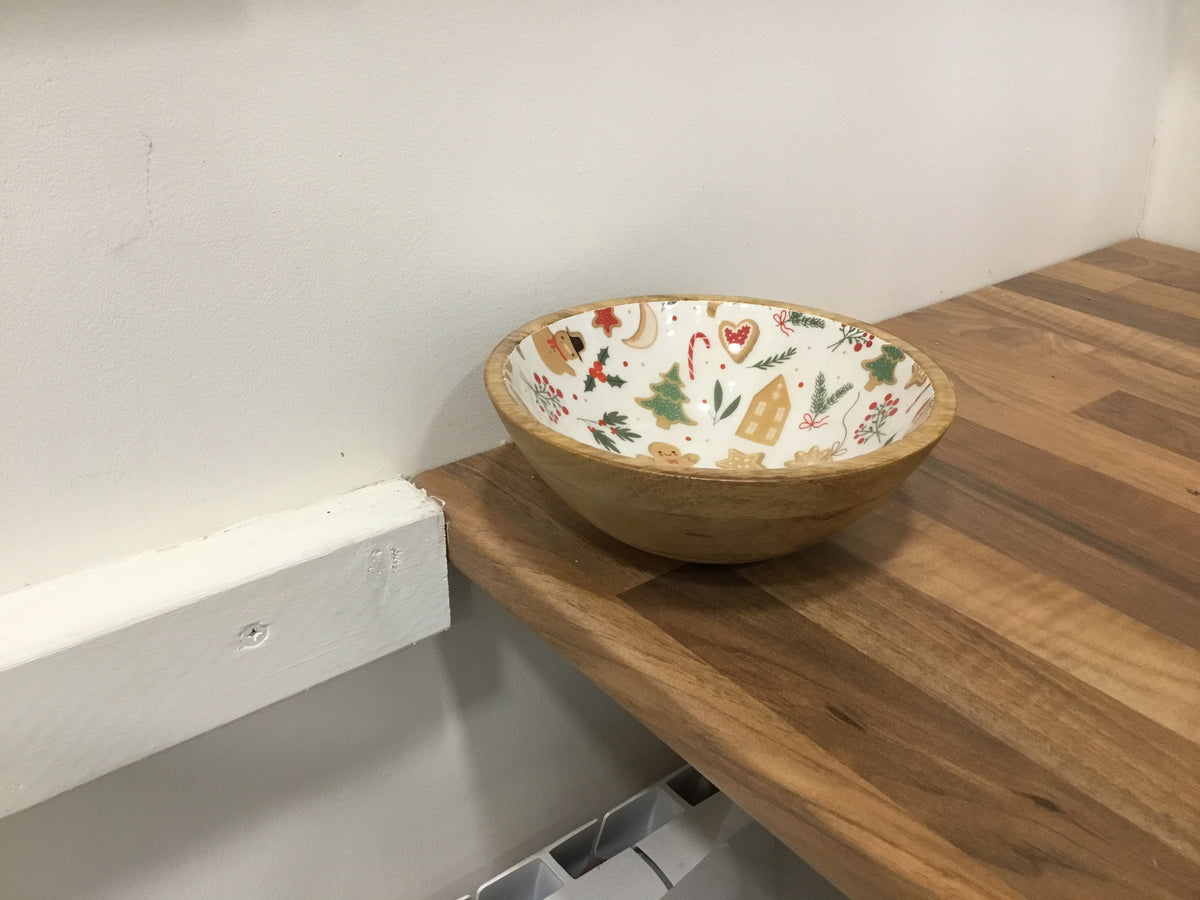 Gingerbread wooden and enamel bowl.