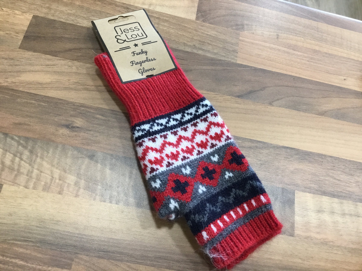 Red Nordic fingerless gloves