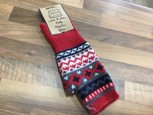 Red Nordic fingerless gloves
