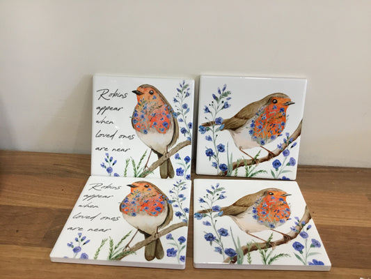 Set of 4 ceramic forget me not Robin coasters