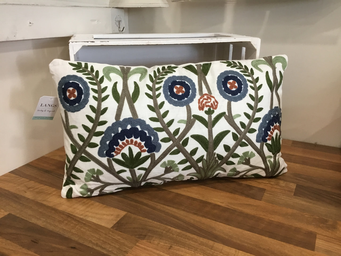 Cushion floral embroidered blue