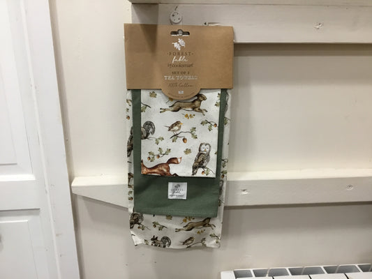 Pack of 3 tea towels. Forest fable design