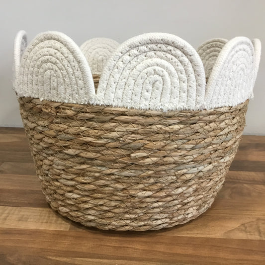 Rattan and white scalloped basket large