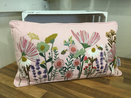 Cushion pink meadow embroidered